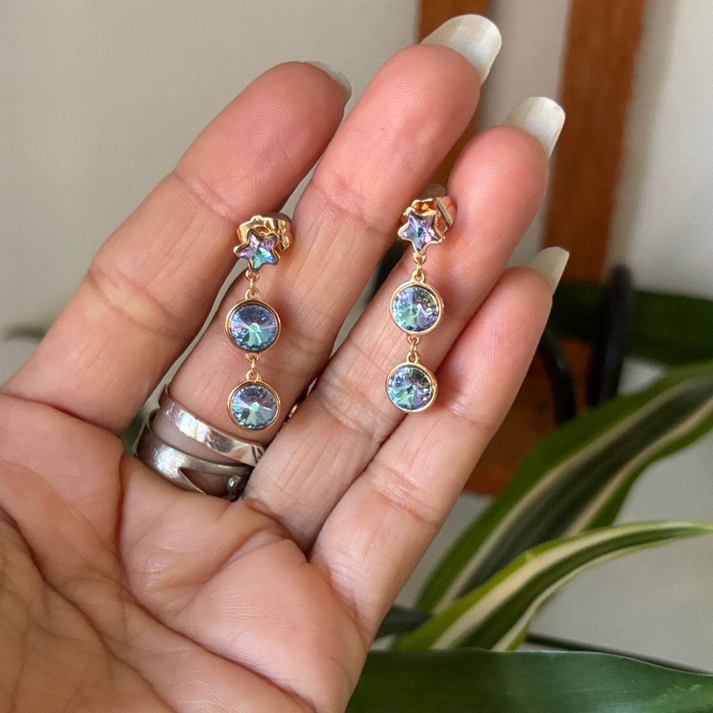 Gold-Tone Iridescent Star Drop Earrings - Pink/Blue Hues - Picture 3 of 3